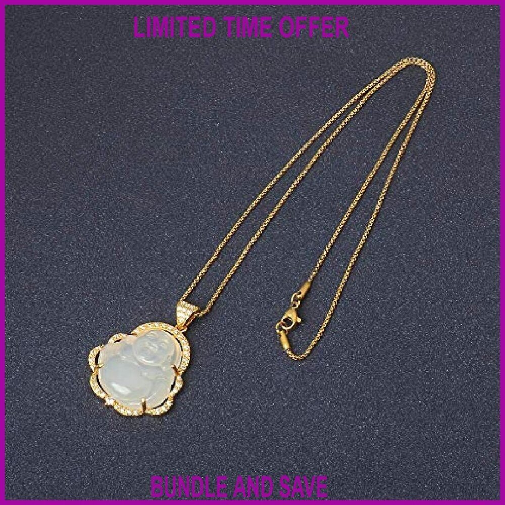 Lucky Buddha Necklace 18K Gold Plated Cubic Zirconia Jade Pendant - Picture 4 of 8